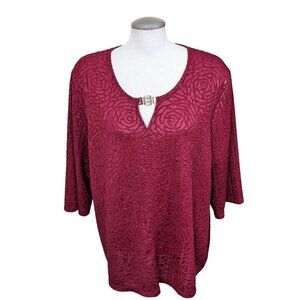 Vintage Claire France Womens Plus 3X Red Textured Tunic Top Valentines Brooch